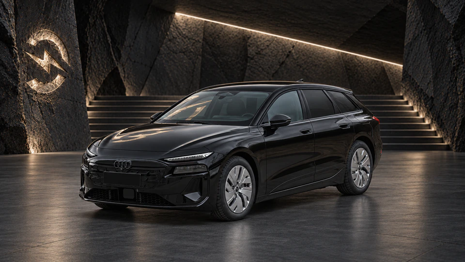 Audi A6 e-tron, вид спереди в три четверти, в студии Электроатласа