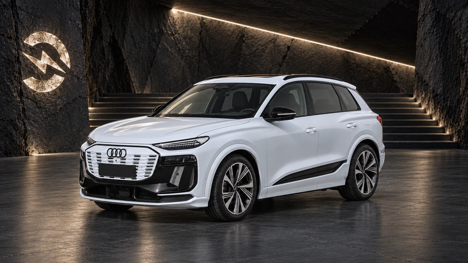 Audi Q6 e-tron, вид спереди в три четверти, в студии Электроатласа