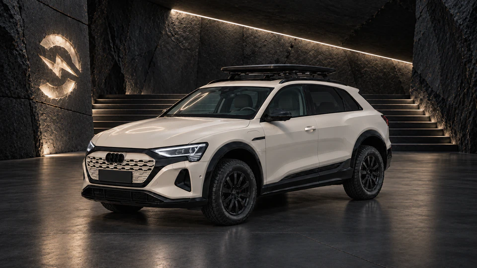 Audi Q8 e-tron, вид спереди в три четверти, в студии Электроатласа