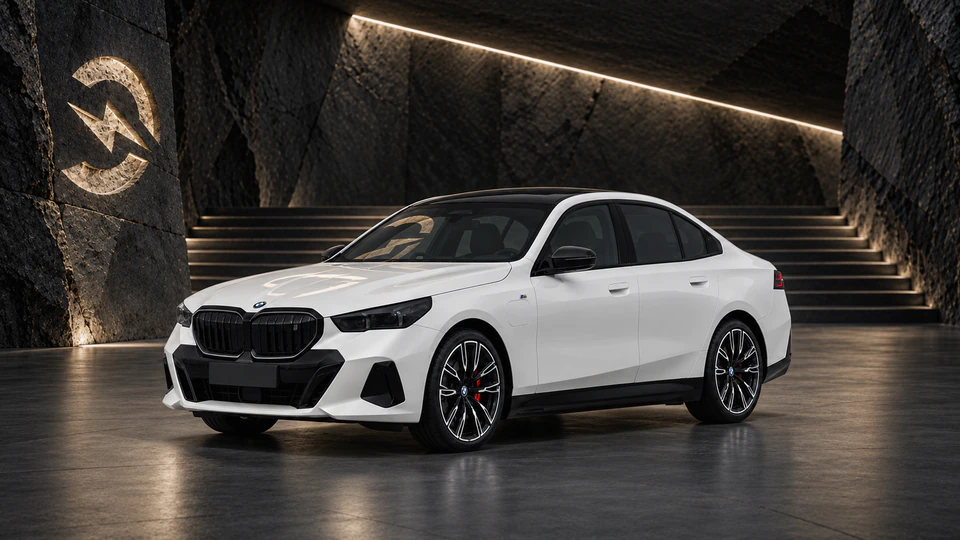 BMW i5, вид спереди в три четверти, в студии Электроатласа