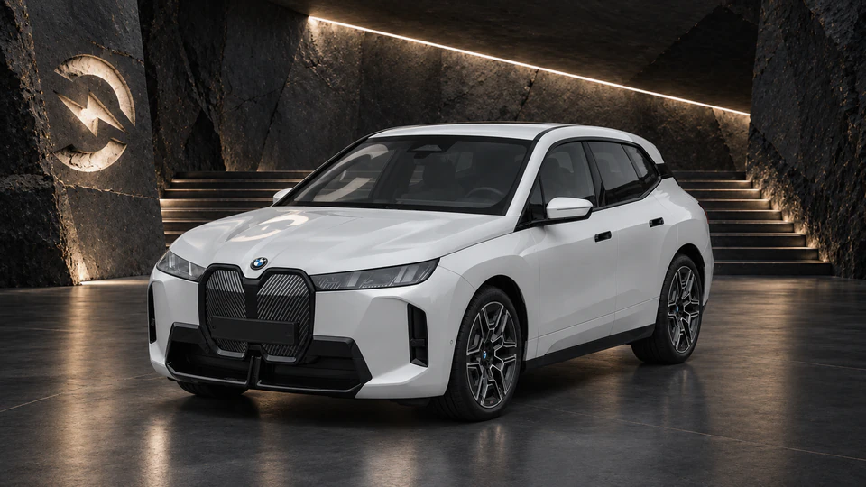 BMW iX, вид спереди в три четверти, в студии Электроатласа