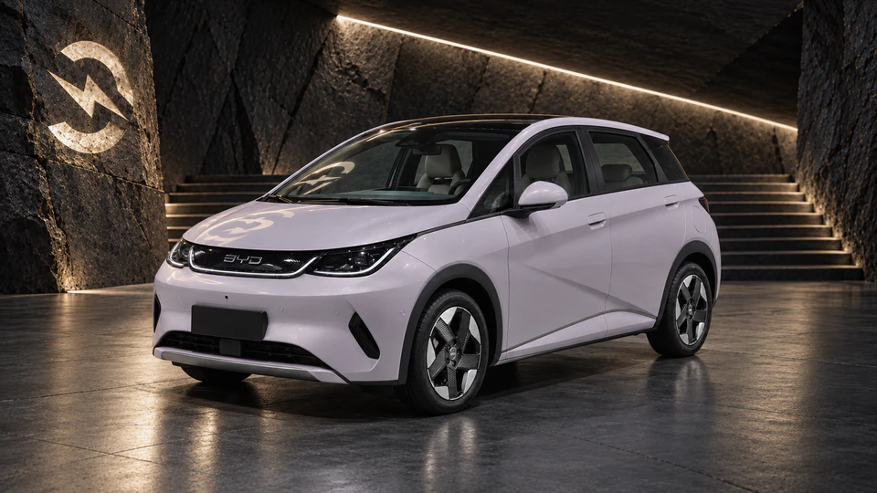 BYD Dolphin, вид спереди в три четверти, в студии Электроатласа