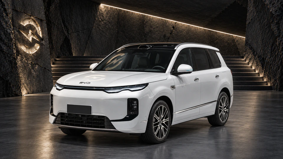 BYD Sealion 08, вид спереди в три четверти, в студии Электроатласа