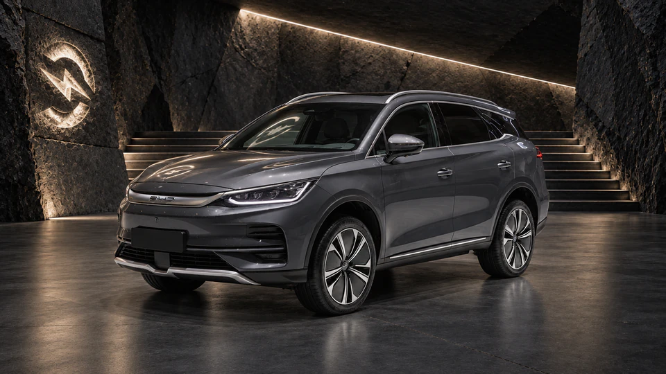 BYD Tang EV, вид спереди в три четверти, в студии Электроатласа