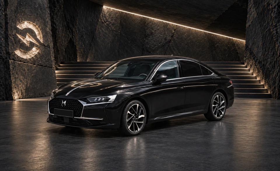 DS 9 E-Tense PHEV, вид спереди в три четверти, в студии Электроатласа