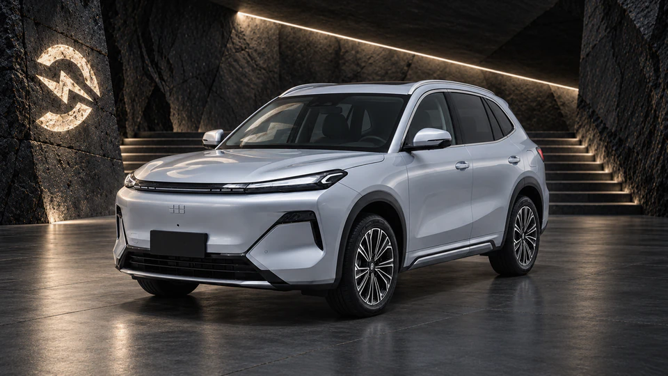 Geely EX5 EM-i, вид спереди в три четверти, в студии Электроатласа