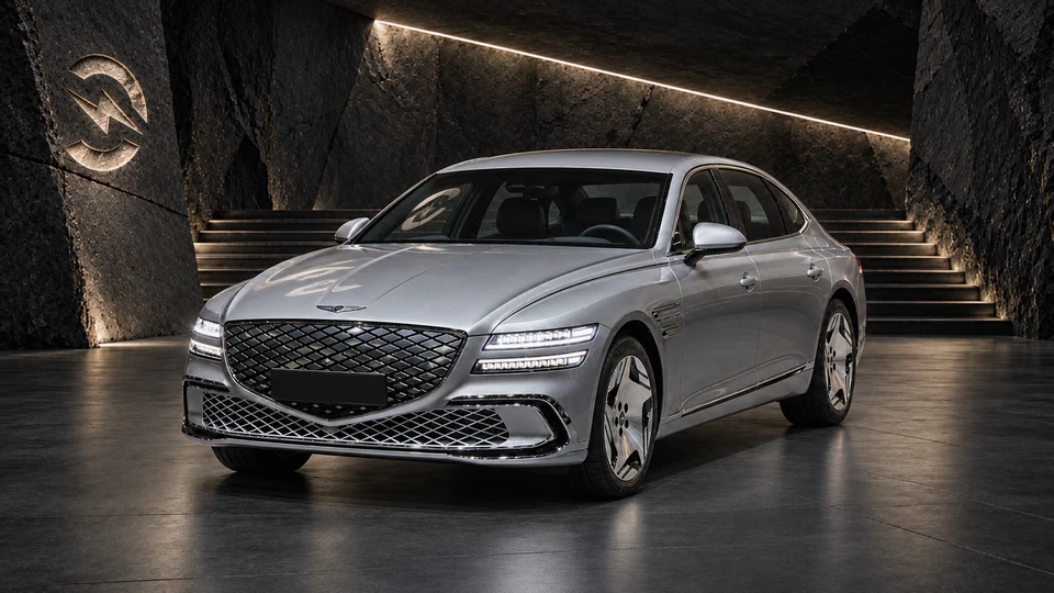 Genesis Electrified G80, вид спереди в три четверти, в студии Электроатласа