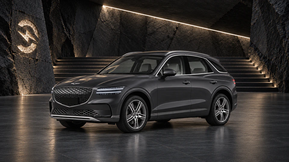 Genesis Electrified GV70, вид спереди в три четверти, в студии Электроатласа