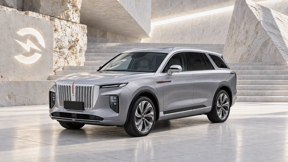 Hongqi E-HS9, вид спереди в три четверти, в студии Электроатласа
