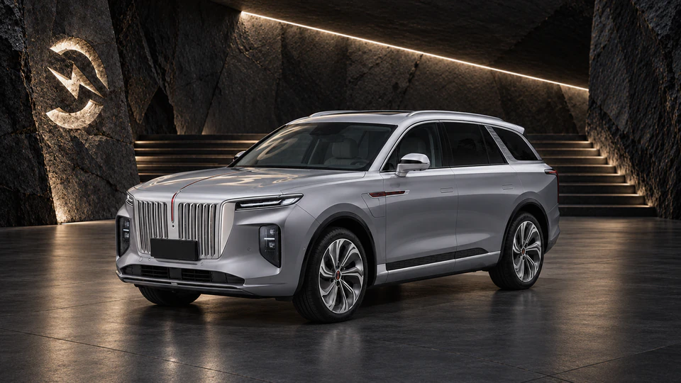 Hongqi E-HS9, вид спереди в три четверти, в студии Электроатласа