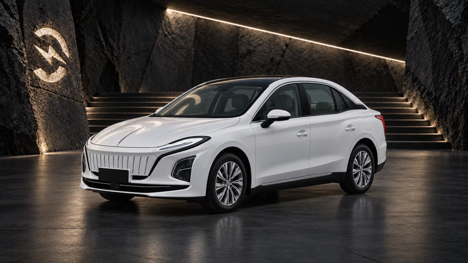 Hongqi E-QM5, вид спереди в три четверти, в студии Электроатласа