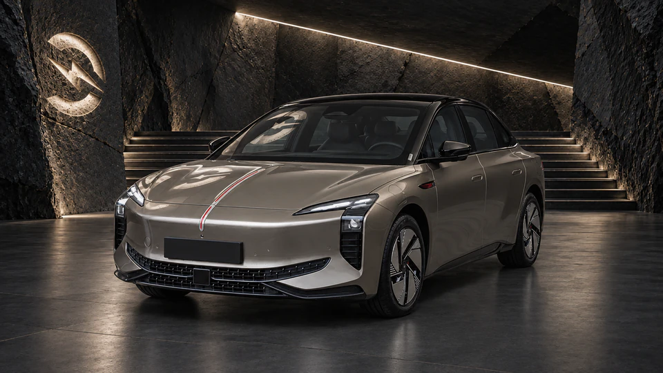 Hongqi EH7, вид спереди в три четверти, в студии Электроатласа
