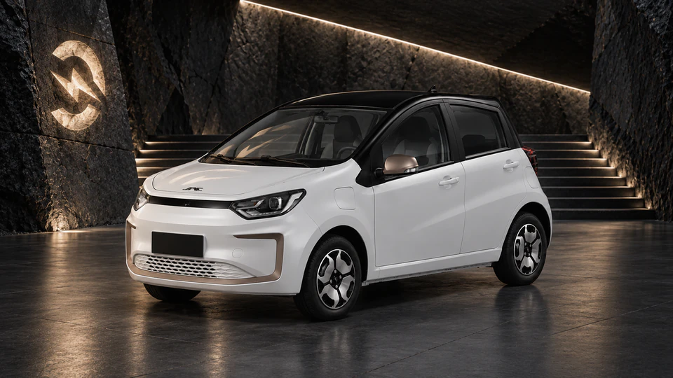 JAC e-JS1, вид спереди в три четверти, в студии Электроатласа