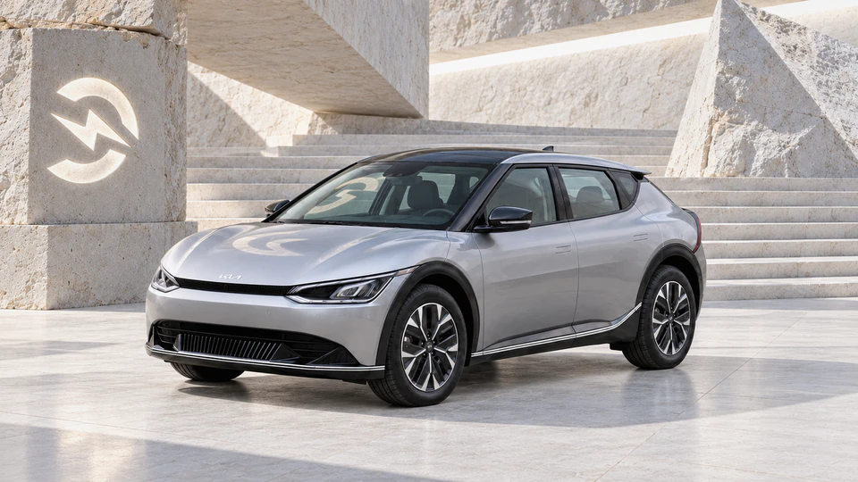 Kia EV6, вид спереди в три четверти, в студии Электроатласа