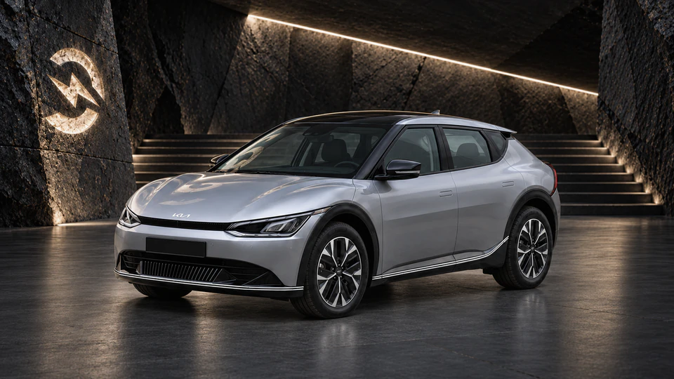 Kia EV6, вид спереди в три четверти, в студии Электроатласа