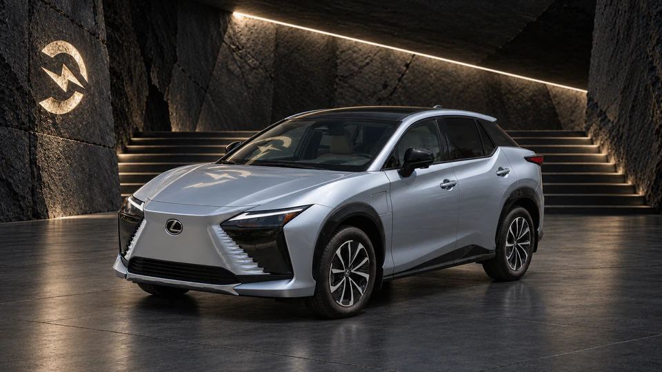 Lexus RZ, вид спереди в три четверти, в студии Электроатласа
