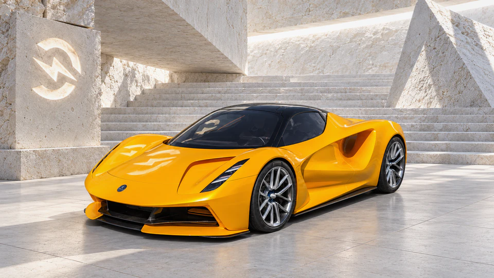 Lotus Evija, вид спереди в три четверти, в студии Электроатласа