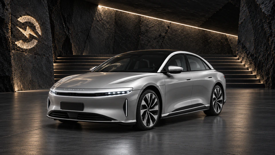 Lucid Air, вид спереди в три четверти, в студии Электроатласа