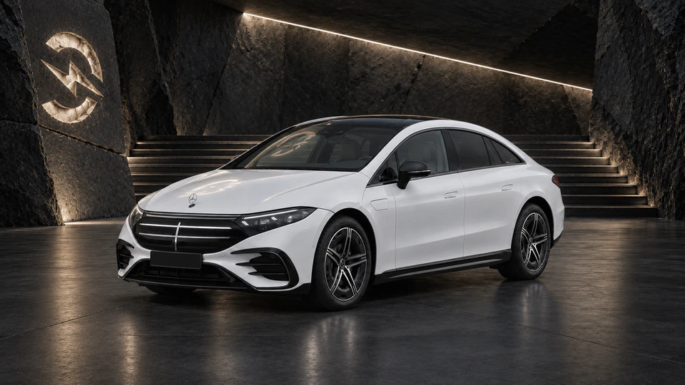 Mercedes-Benz EQS, вид спереди в три четверти, в студии Электроатласа