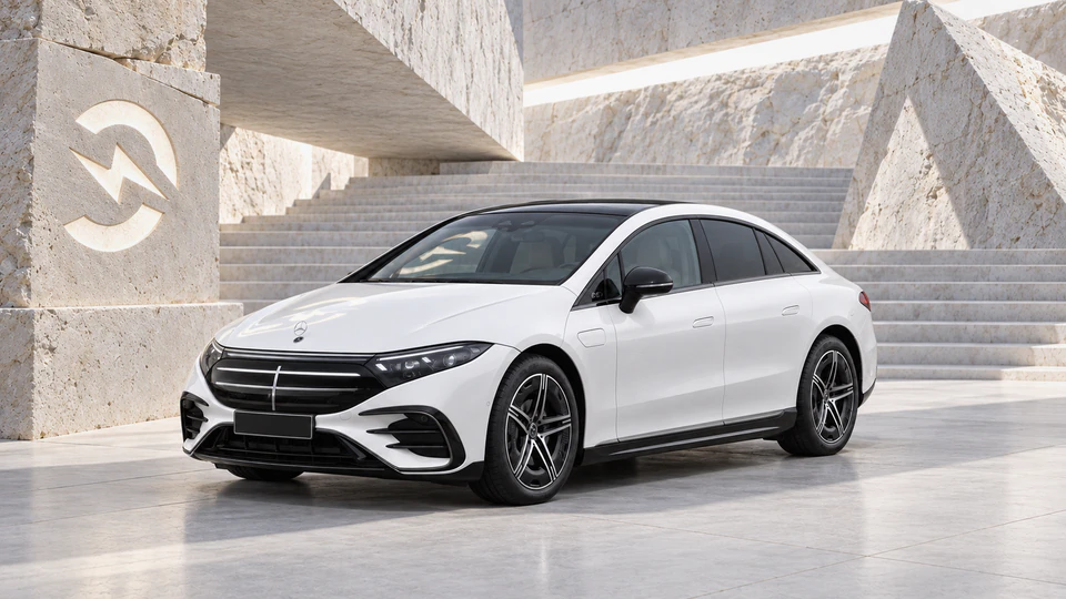 Mercedes-Benz EQS, вид спереди в три четверти, в студии Электроатласа