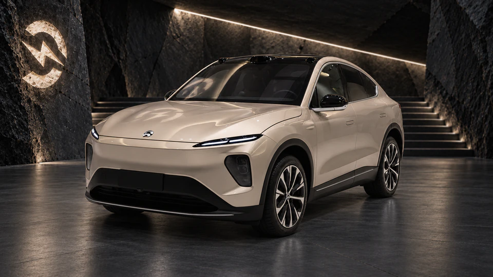 NIO EC7, вид спереди в три четверти, в студии Электроатласа