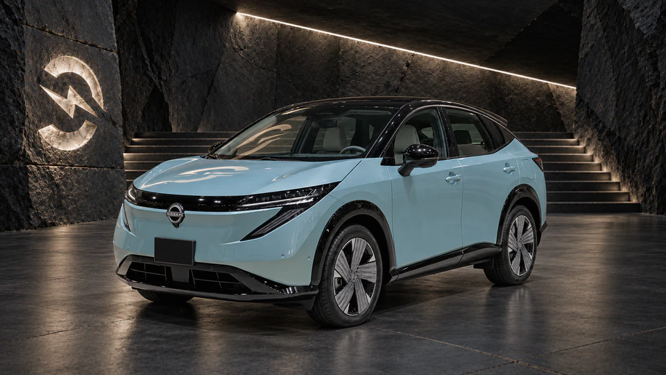 Nissan Ariya, вид спереди в три четверти, в студии Электроатласа