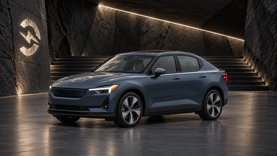 Polestar 2, вид спереди в три четверти, в студии Электроатласа