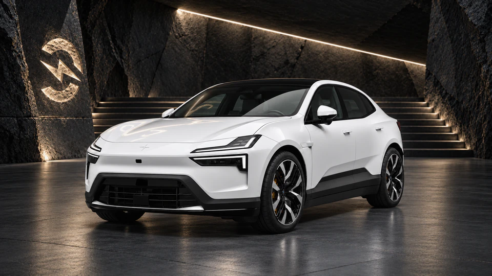 Polestar 4, вид спереди в три четверти, в студии Электроатласа