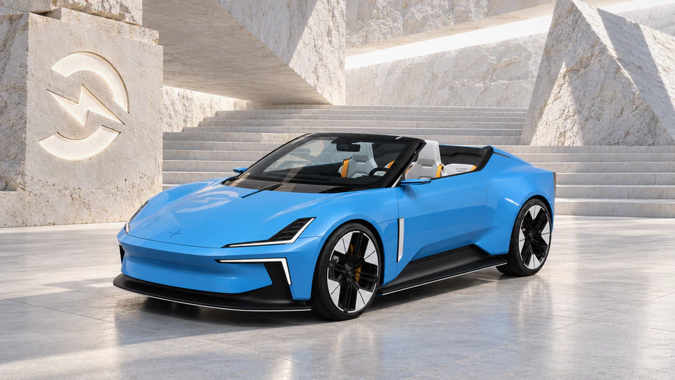 Polestar 6, вид спереди в три четверти, в студии Электроатласа