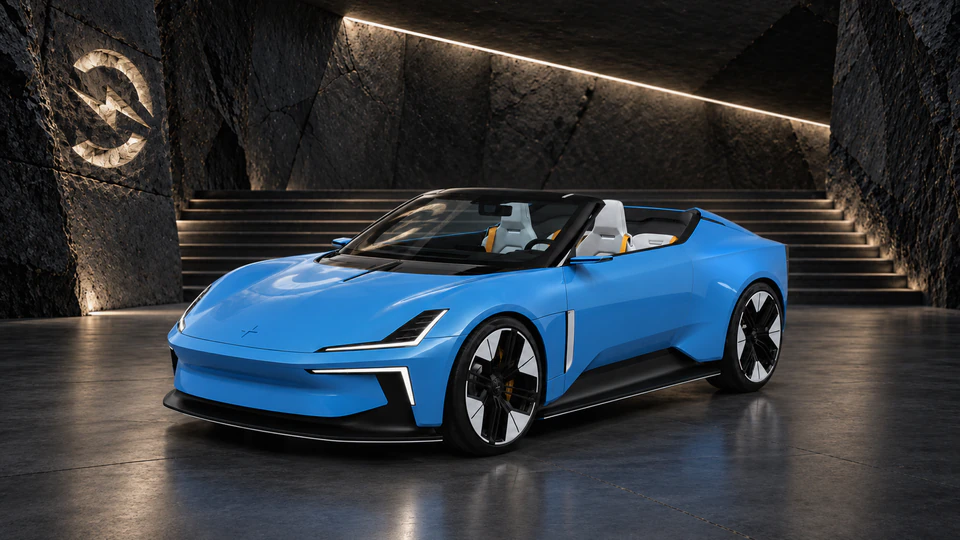 Polestar 6, вид спереди в три четверти, в студии Электроатласа