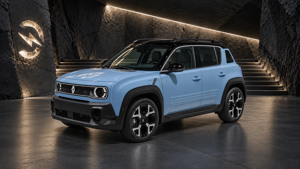 Renault R4 E-Tech, вид спереди в три четверти, в студии Электроатласа