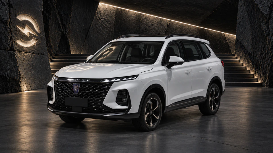 Roewe RX5 eMAX, вид спереди в три четверти, в студии Электроатласа