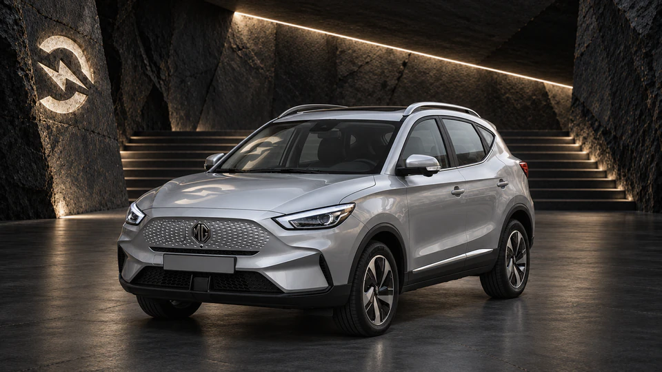 MG ZS EV, вид спереди в три четверти, в студии Электроатласа