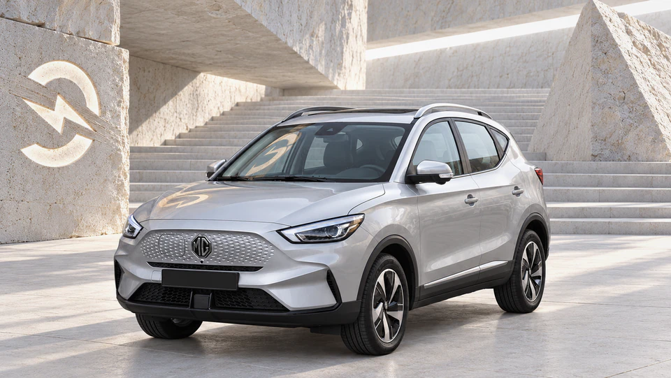 MG ZS EV, вид спереди в три четверти, в студии Электроатласа