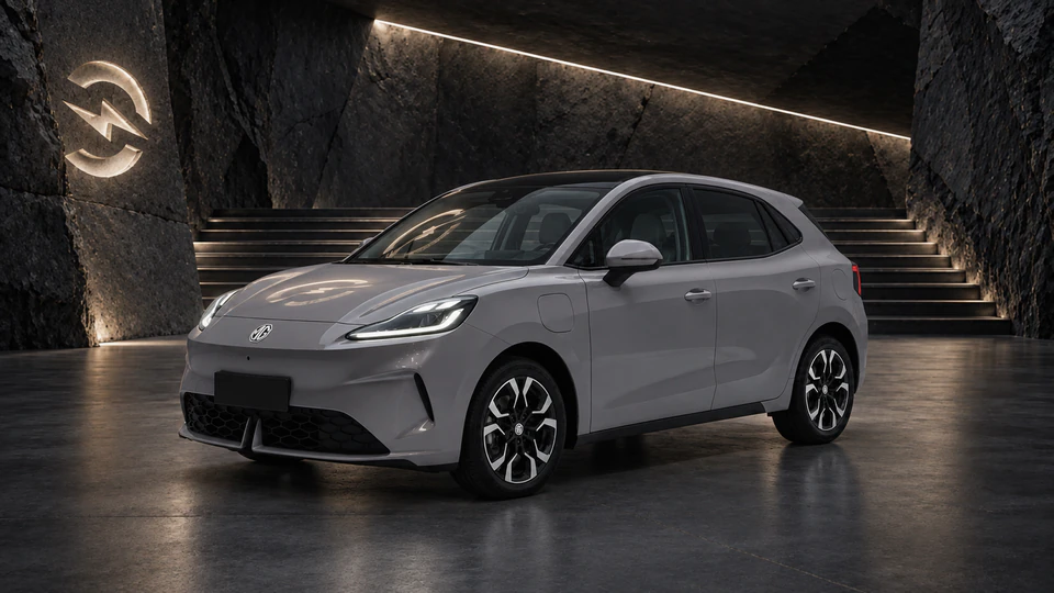 MG4 EV, вид спереди в три четверти, в студии Электроатласа