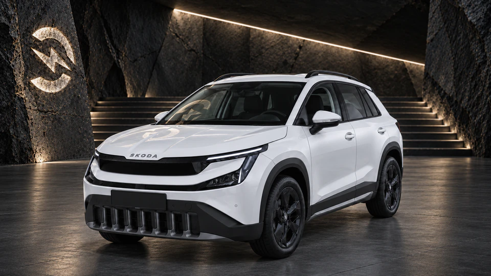 Škoda Epiq, вид спереди в три четверти, в студии Электроатласа