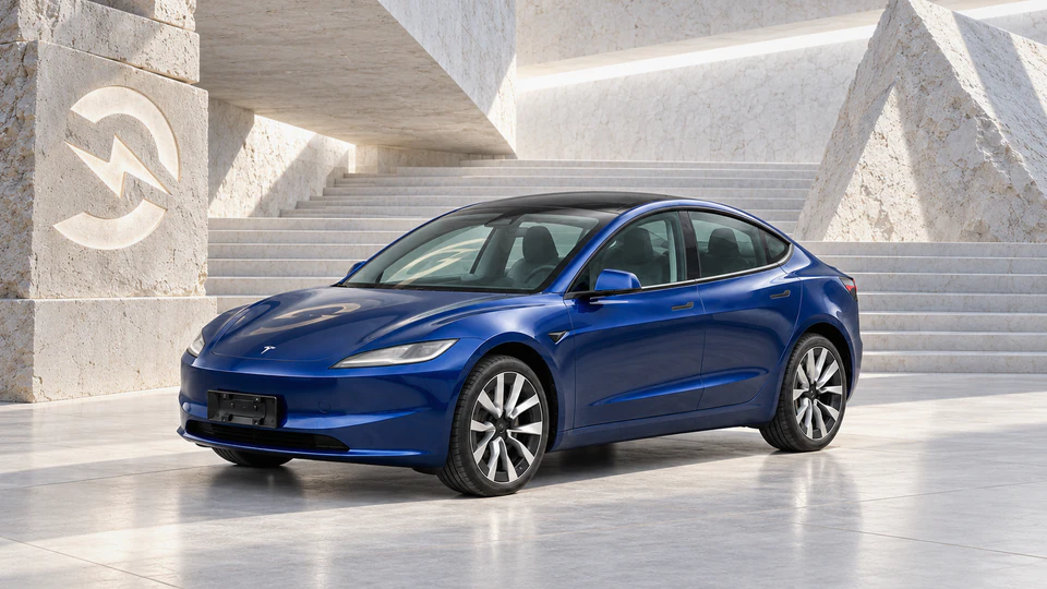 Tesla Model 3, вид спереди в три четверти, в студии Электроатласа