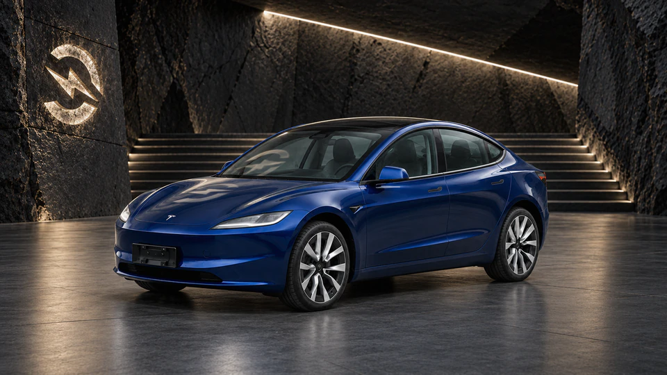 Tesla Model 3, вид спереди в три четверти, в студии Электроатласа