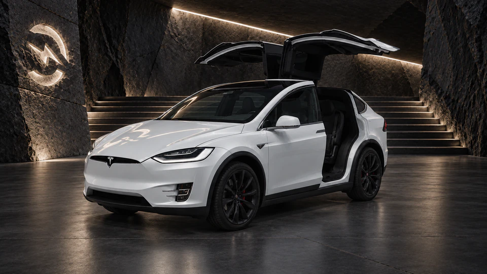 Tesla Model X, вид спереди в три четверти, в студии Электроатласа