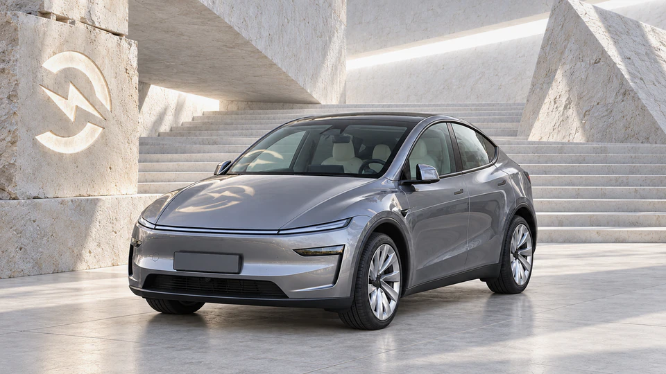 Tesla Model Y, вид спереди в три четверти, в студии Электроатласа