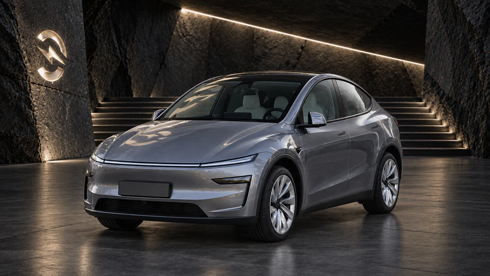 Tesla Model Y, вид спереди в три четверти, в студии Электроатласа