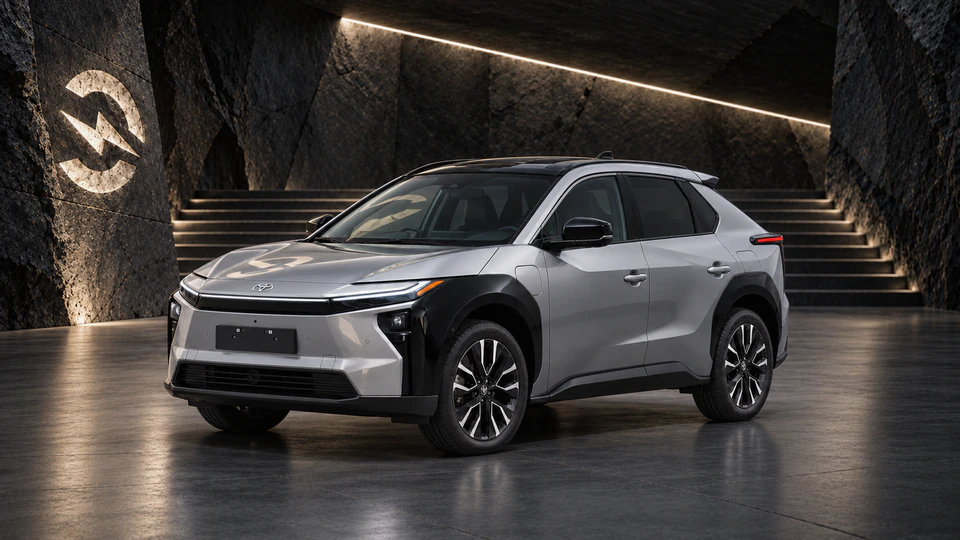 Toyota bZ4X, вид спереди в три четверти, в студии Электроатласа