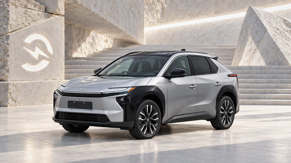 Toyota bZ4X, вид спереди в три четверти, в студии Электроатласа