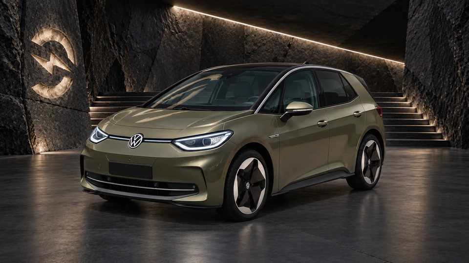Volkswagen ID.3, вид спереди в три четверти, в студии Электроатласа