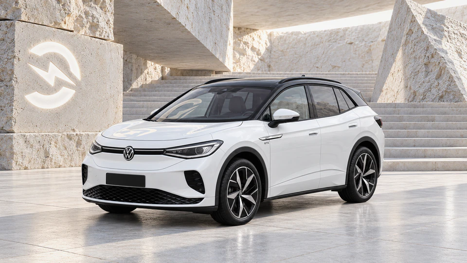Volkswagen ID.4, вид спереди в три четверти, в студии Электроатласа