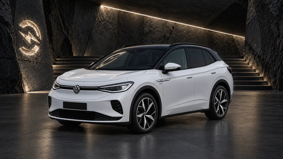 Volkswagen ID.4, вид спереди в три четверти, в студии Электроатласа