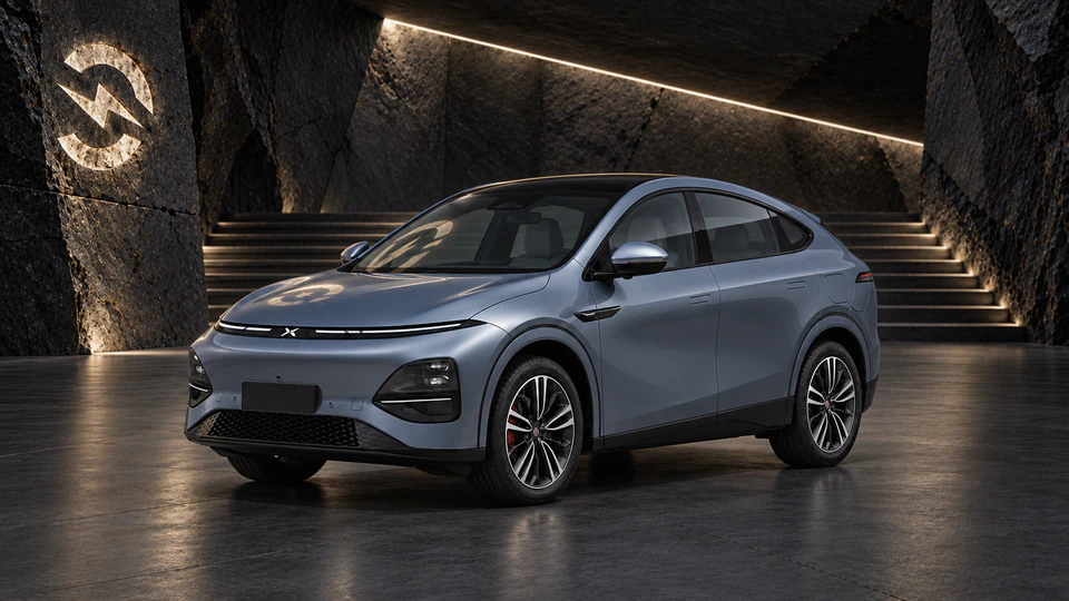 XPeng G6, вид спереди в три четверти, в студии Электроатласа